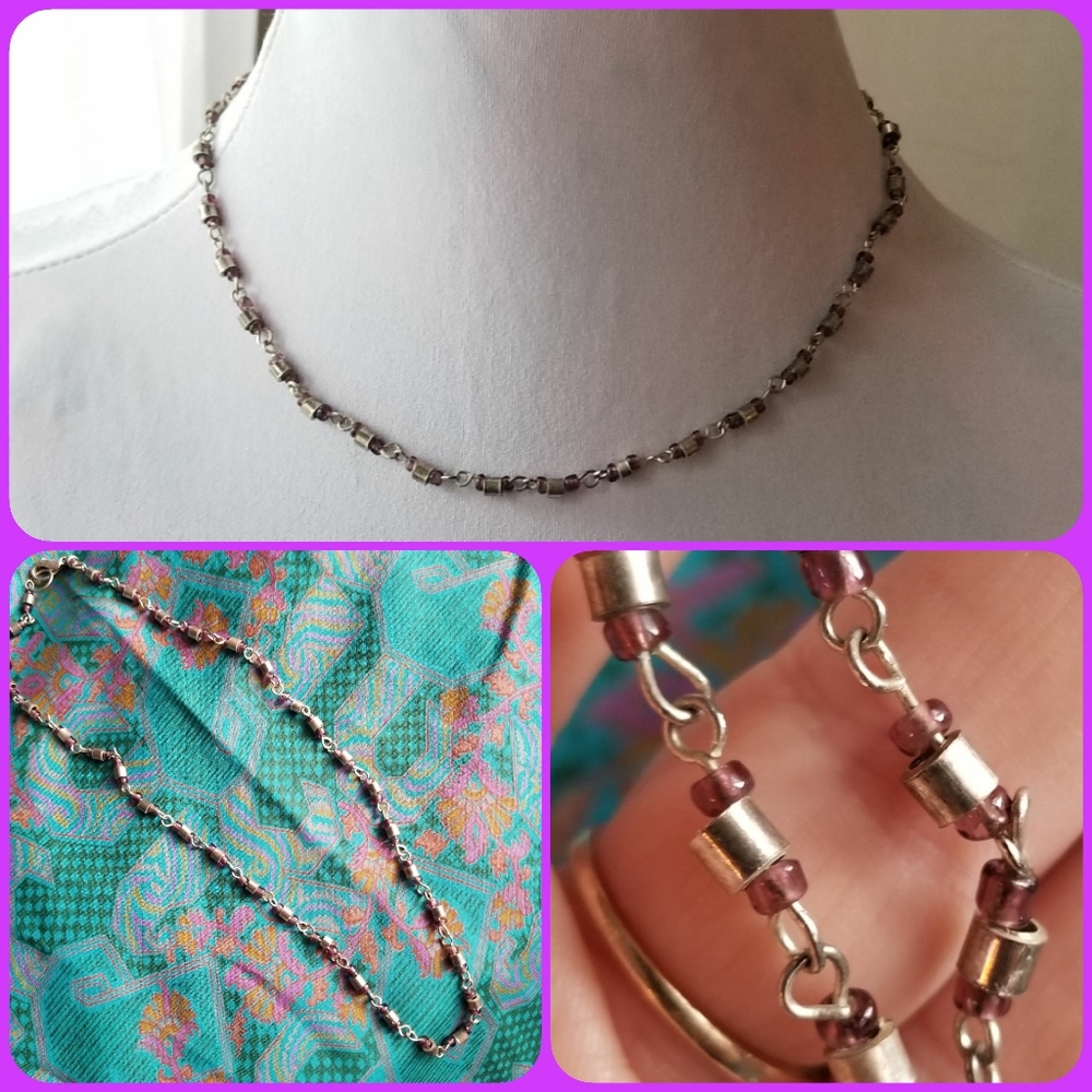 Purple necklace dark silver tone bead